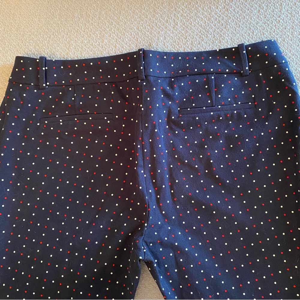 J. Crew Winnie Pant, navy with red and white polka dots EUC